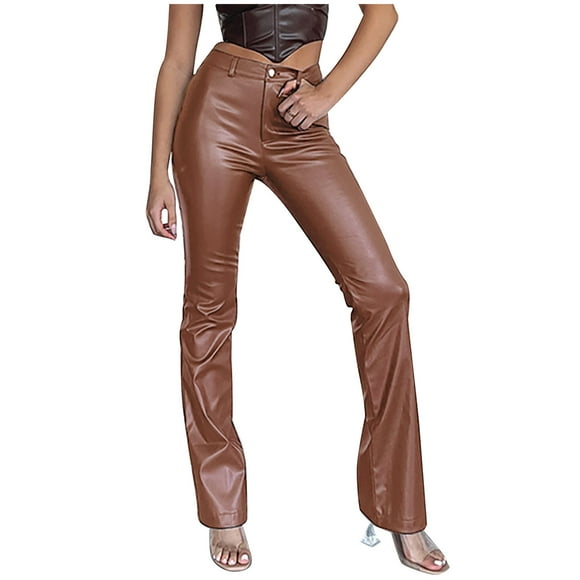 XFLWAM Women's Faux Leather Pants Mid Waist Flare Bell Bottom Leggings Casual Solid Color Pants with Pockets Brown M