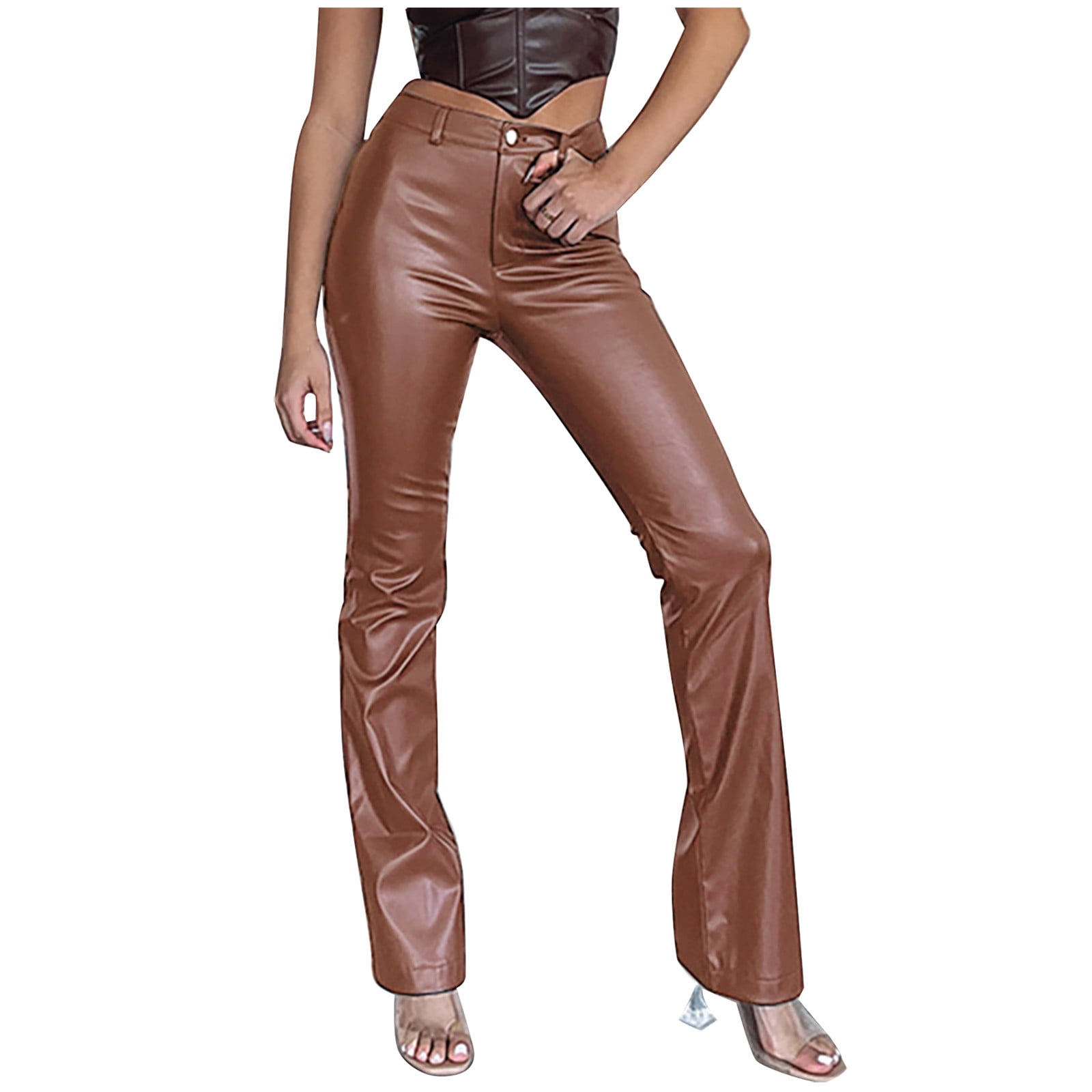 XFLWAM Women's Faux Leather Pants Mid Waist Flare Bell Bottom Leggings  Casual Solid Color Pants with Pockets Brown S 