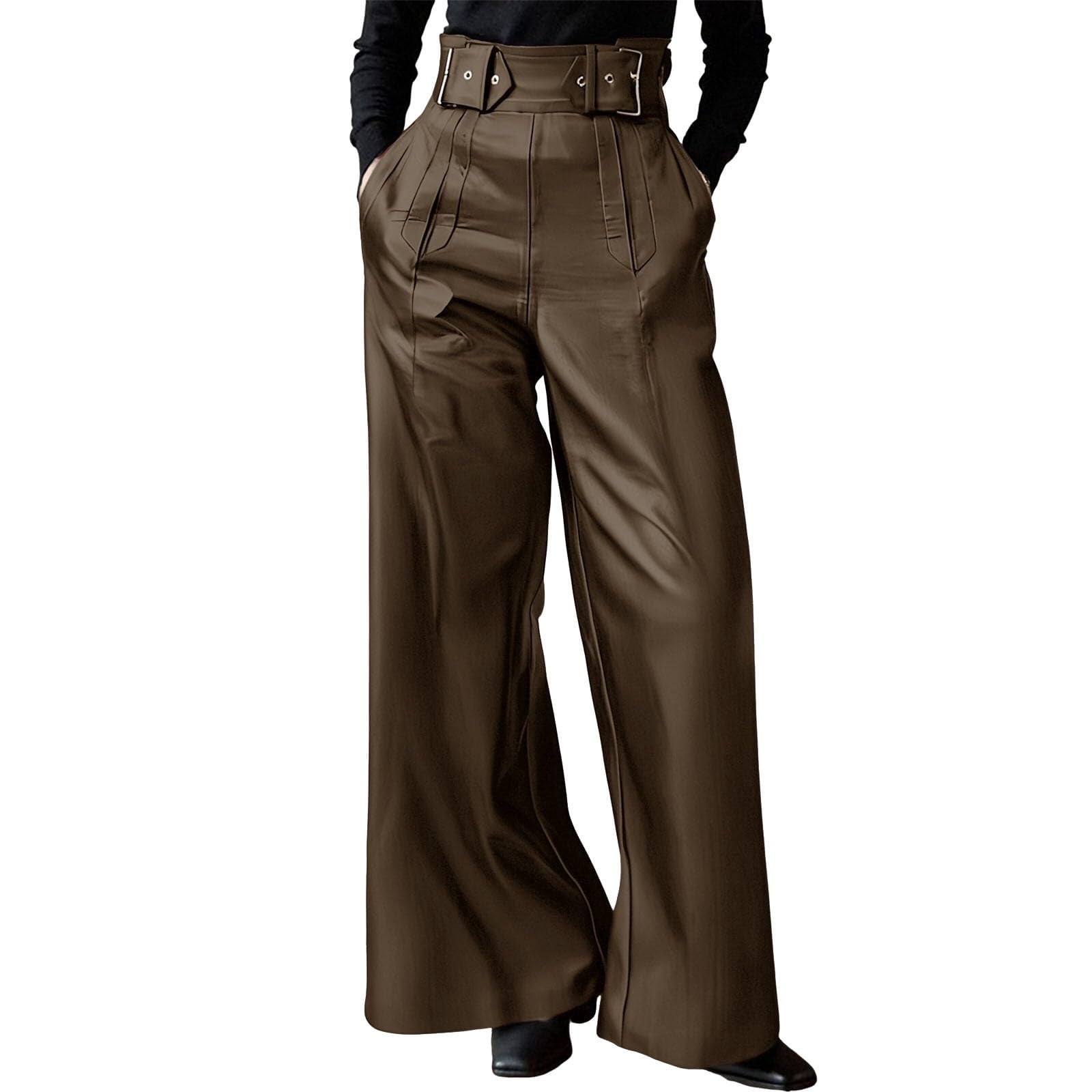 XFLWAM Women's Faux Leather Wide Leg Pants High Waist Side Zipper Baggy PU Leather Pants Party Club Trousers with Belt