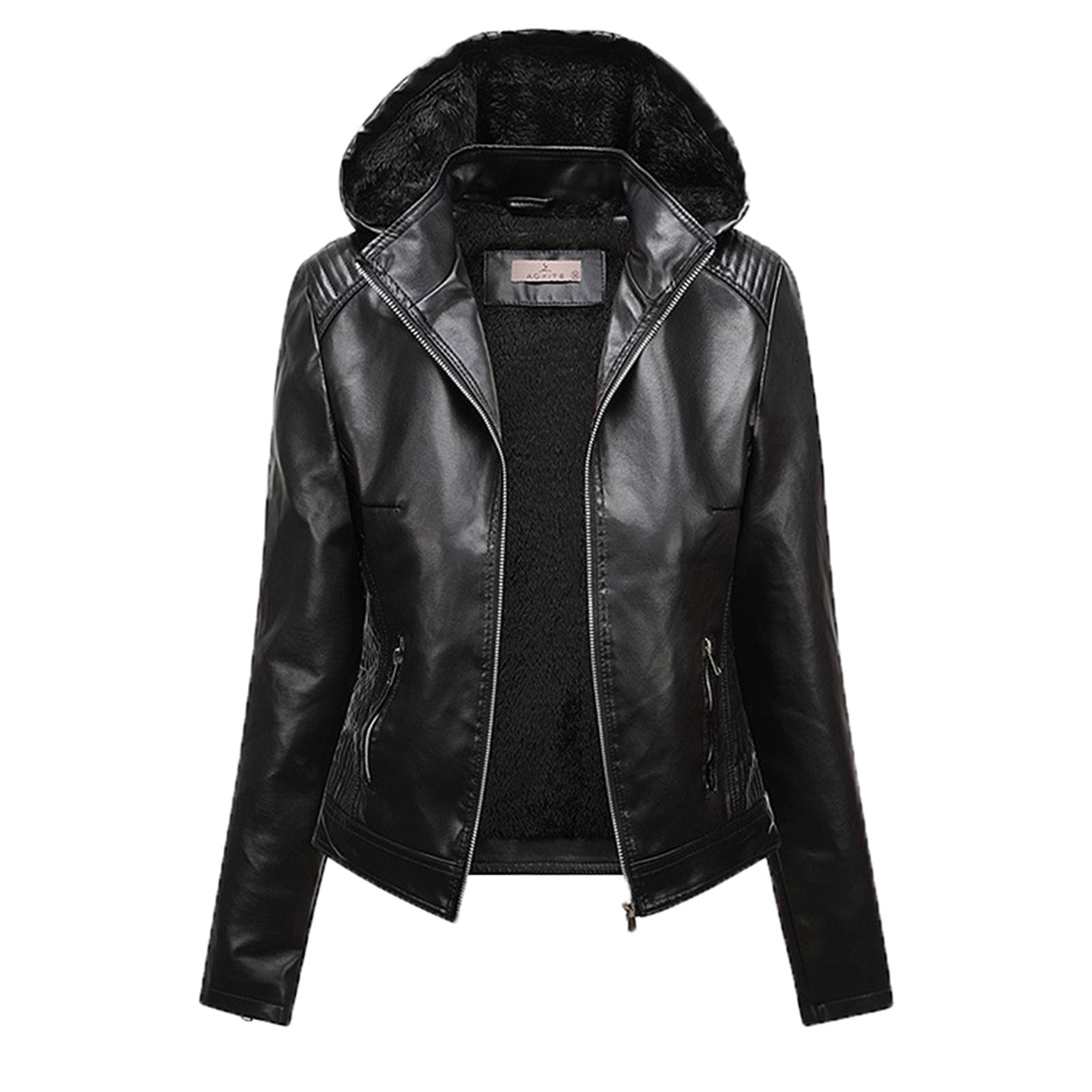 XFLWAM Women's Faux Leather Winter Coats Slim Fit Sherpa Fleece Lined Zip Up Warm Biker Jacket Outerwear with Hood