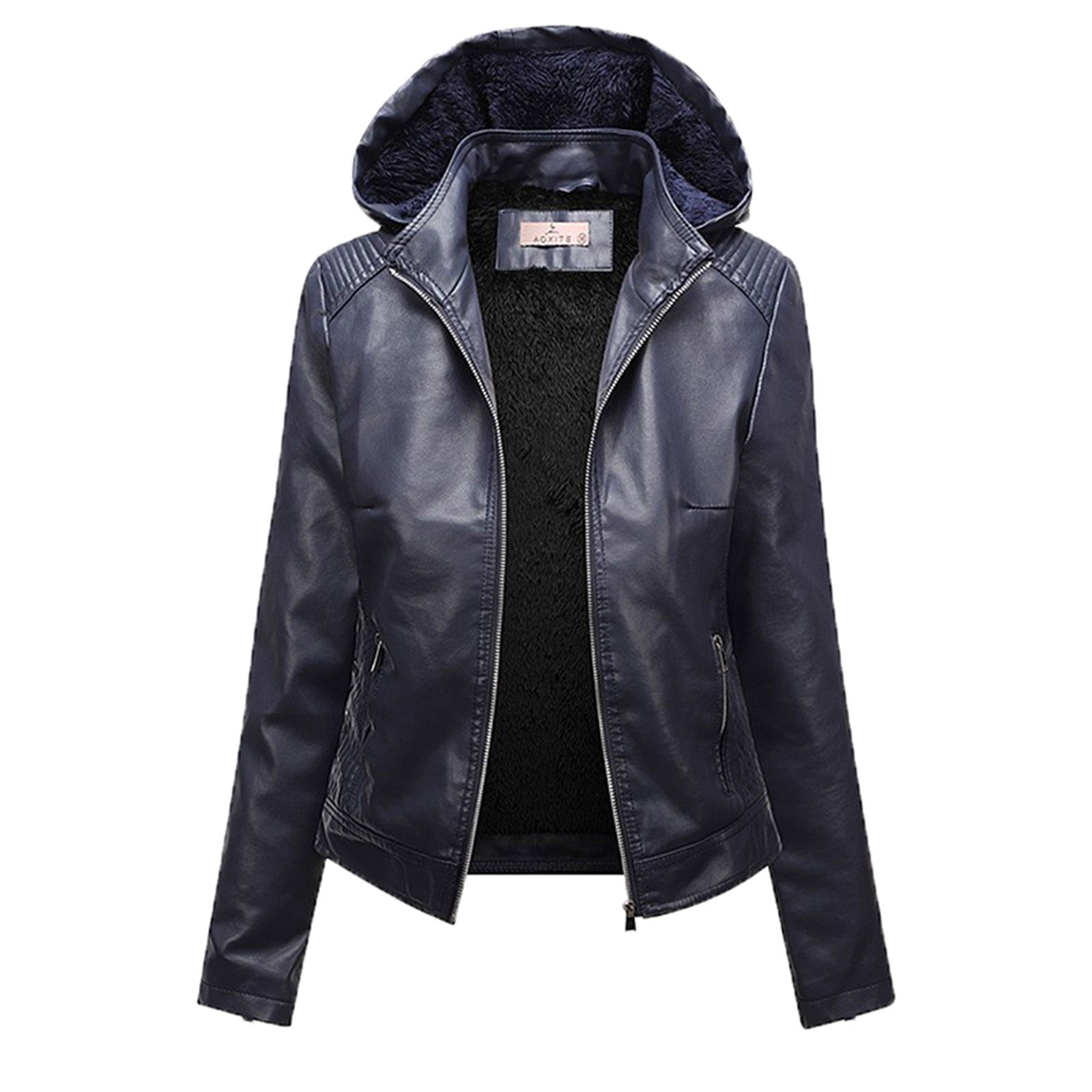 XFLWAM Women's Faux Leather Winter Coats Slim Fit Sherpa Fleece Lined Zip Up Warm Biker Jacket Outerwear with Hood