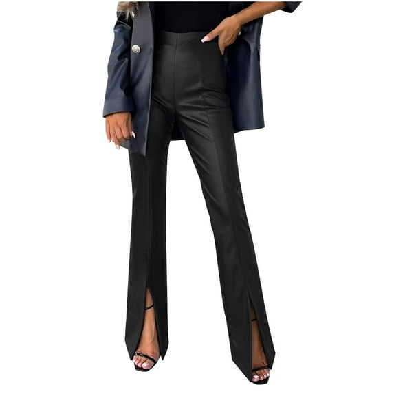 XFLWAM Women's Faux PU Leather High Waist Front Split Hem Flare Pants Stretchy Bell Bottom Pants with Pockets Black S