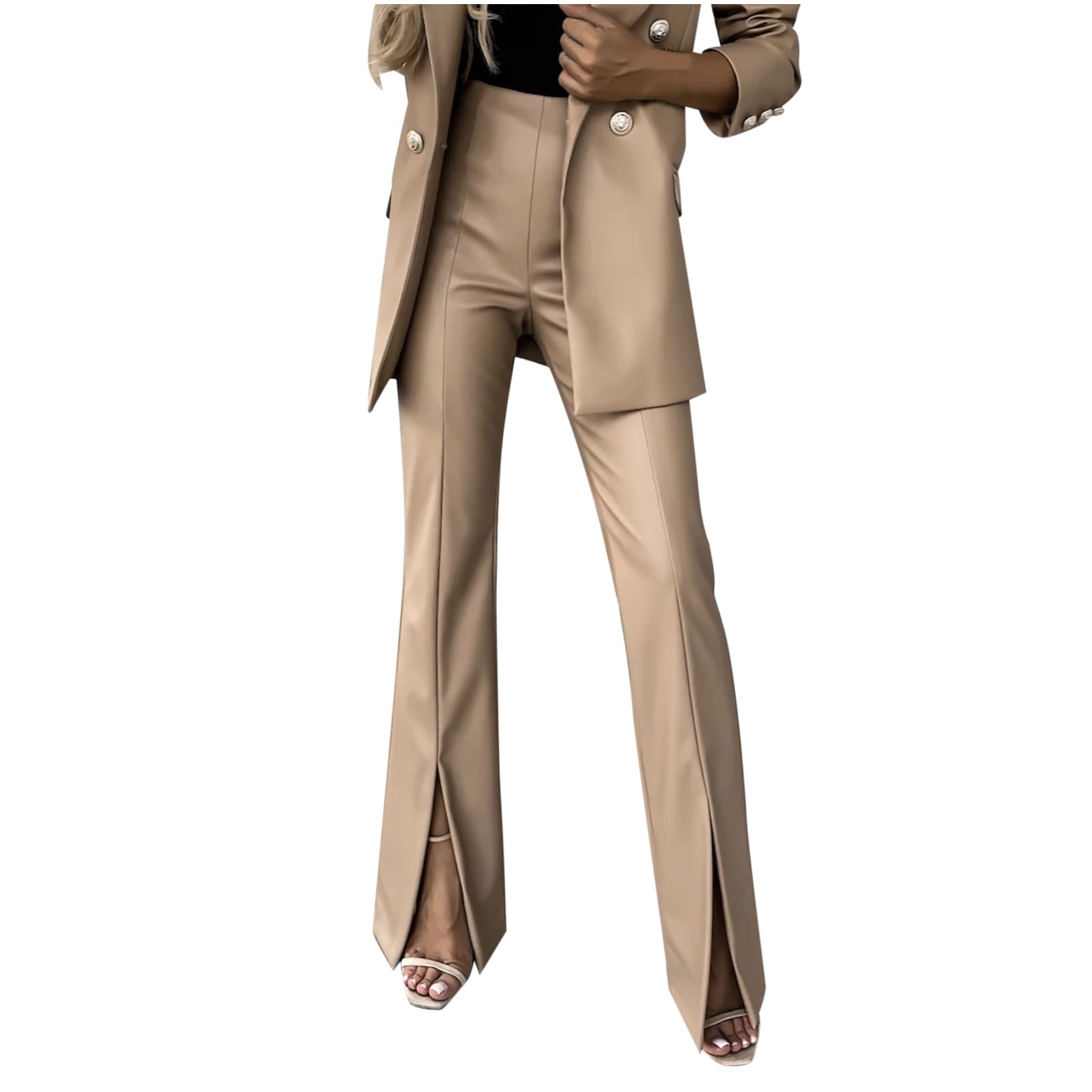 XFLWAM Women's Faux PU Leather High Waist Front Split Hem Flare Pants  Stretchy Bell Bottom Pants with Pockets Khaki S