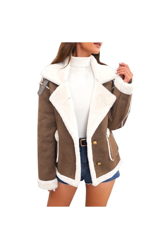 Women's Faux Suede Jacket Sherpa Lined Lapel Fur Leather Jackets Warm Thick Fleece Fuzzy Outerwear Winter Coats