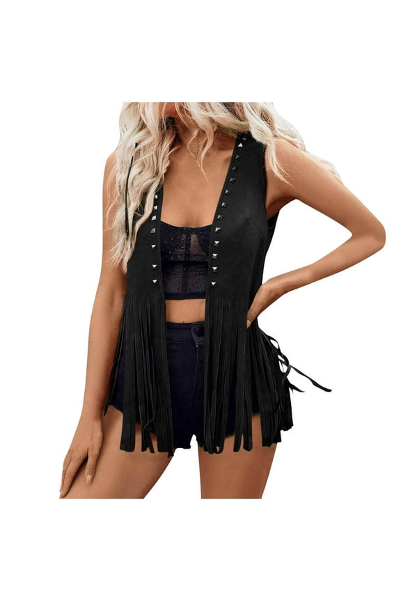 Women's Faux Suede Tassel Cardigan Open Front Sleeveless Vest Jacket 70s Hippie Western Fringe Cowgirl Outfits Black S