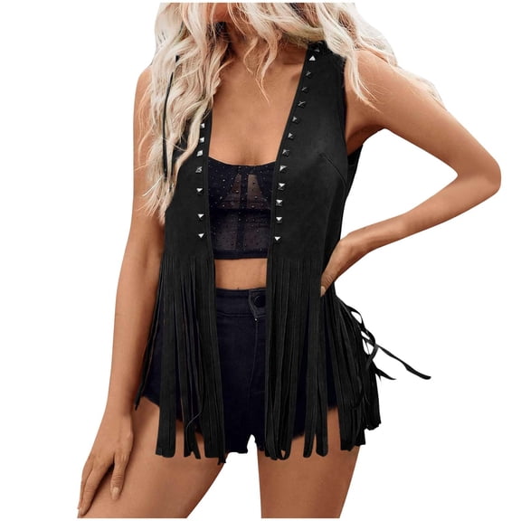 XFLWAM Women's Faux Suede Tassel Cardigan Open Front Sleeveless Vest Jacket 70s Hippie Western Fringe Cowgirl Outfits Black XL