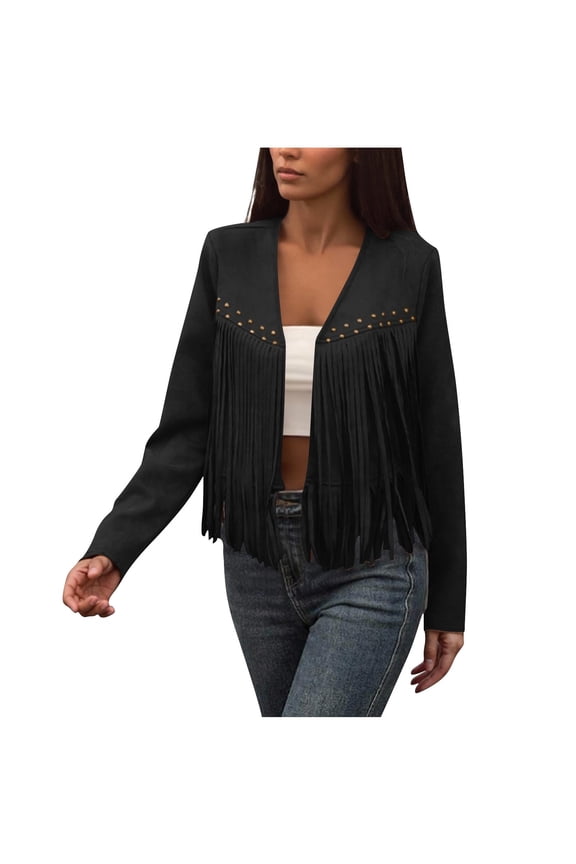 Women's Faux Suede Western Cardigan Fringe Trim Long Sleeve Open Front Jacket Concert Outfits Black M
