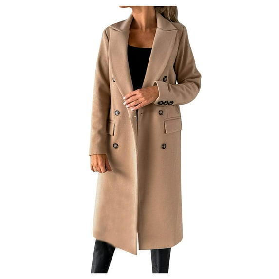 XFLWAM Women's Faux Wool Coat Lapel Double Breasted Long Jacket Long Sleeve Solid Color Slim Outwear Khaki XXL