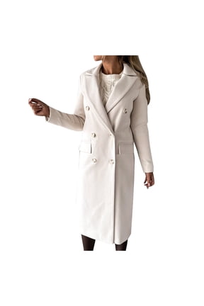 Women's Faux Wool Coat Lapel Double Breasted Long Jacket Long Sleeve Solid Color Slim Outwear White S