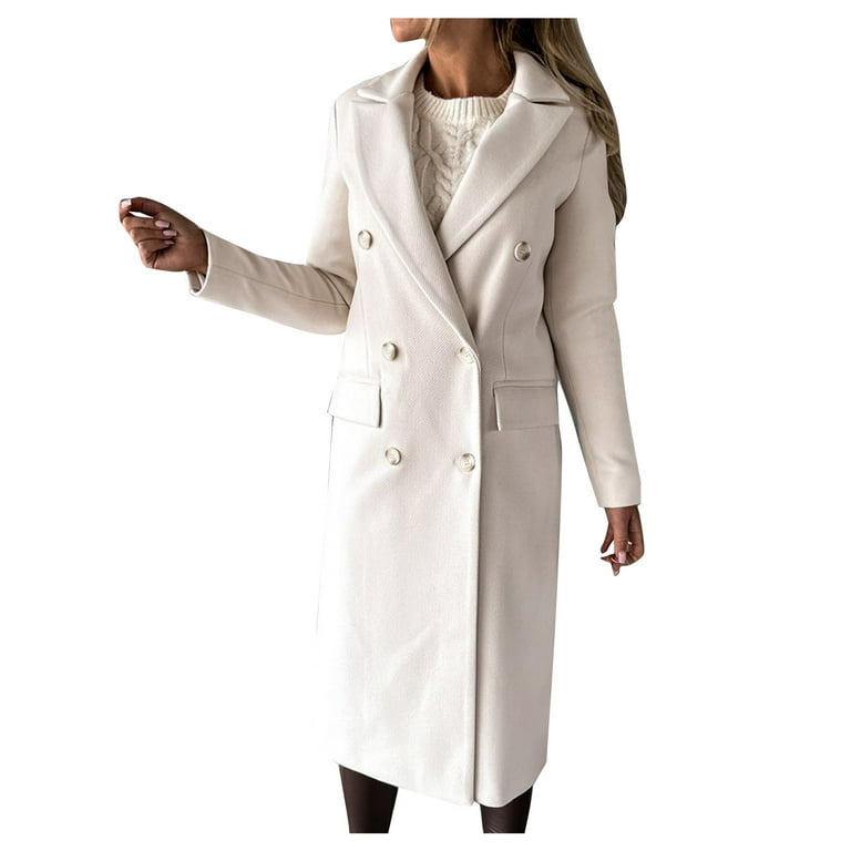 XFLWAM Women's Faux Wool Coat Lapel Double Breasted Long Jacket Long Sleeve  Solid Color Slim Outwear White S