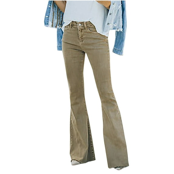 XFLWAM Women's Flare Bell Bottom Jeans Baggy Jeans Button High Waist Boot Cut Pants with Pocket Khaki S