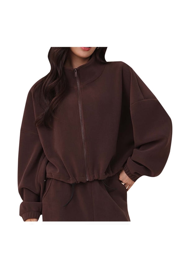 Women's Fleece Cropped Jacket Full Zip Stand Collar Drawstring Hem Jackets Workout Warm Winter Coats with Pockets Coffee S
