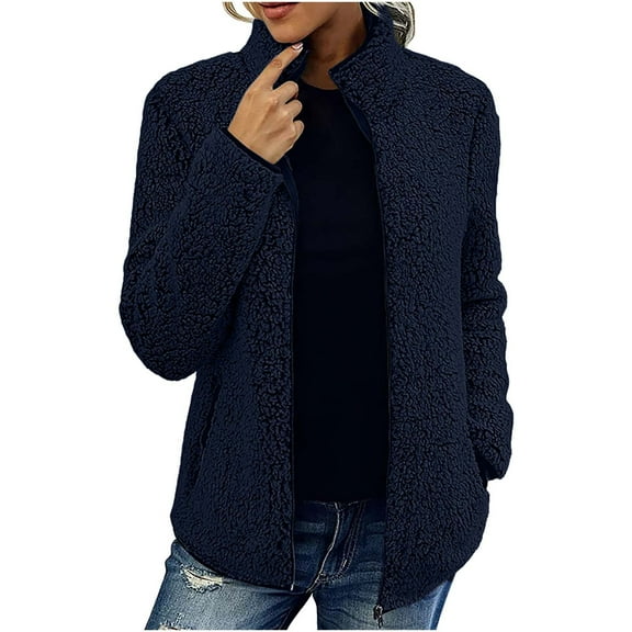 XFLWAM Women's Fleece Sherpa Coat Winter Stand Neck Cozy Fluffy Plush Jacket Casual Solid Open Front Zipper Outwear with Pocket Blue XXL