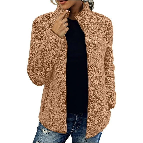 XFLWAM Women's Fleece Sherpa Coat Winter Stand Neck Cozy Fluffy Plush Jacket Casual Solid Open Front Zipper Outwear with Pocket Brown M