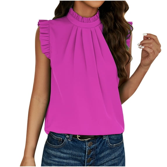 XFLWAM Women's Frill Mock Neck Tank Tops Summer Pleated Sleeveless Dressy Work Office Shirt Casual Blouses