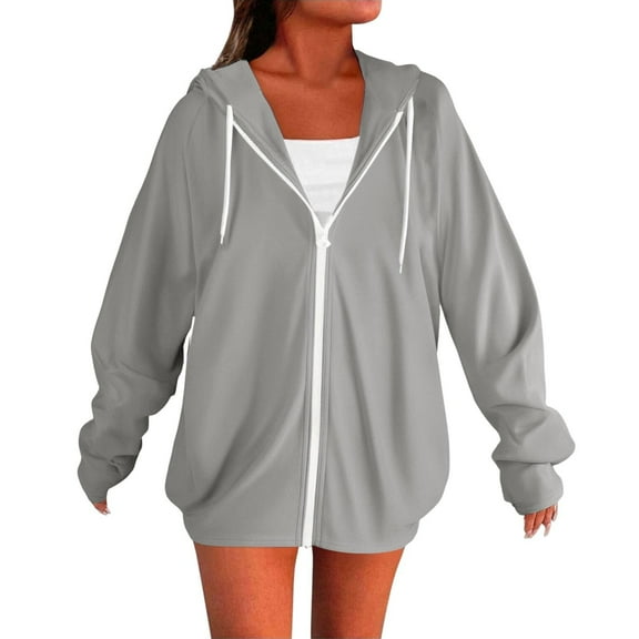 XFLWAM Women's Full Zip Up Hoodie Long Sleeve Hooded Sweatshirts Fall Casual Lightweight Jacket Coat with Pockets Gray S