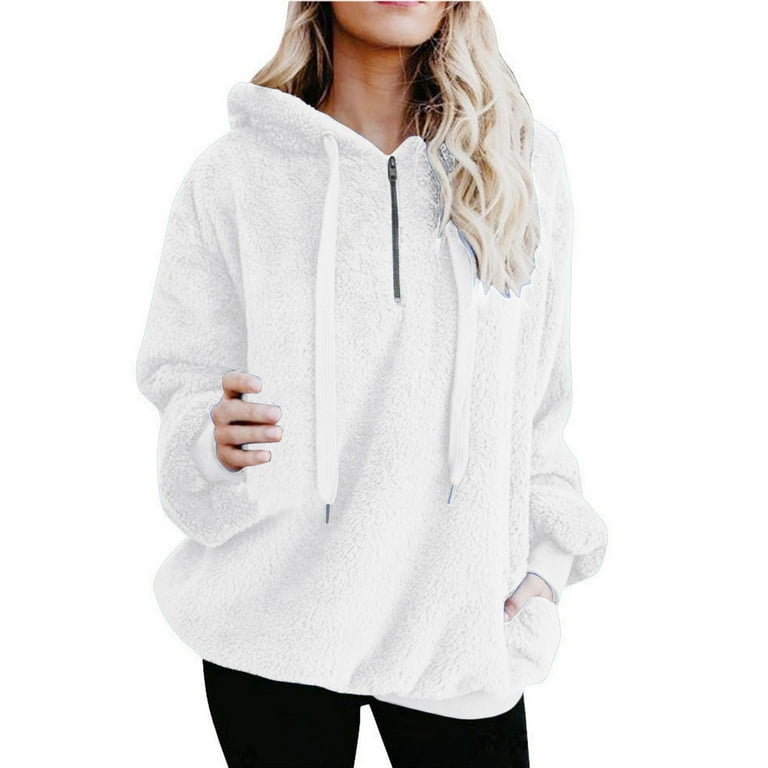 XFLWAM Women's Fuzzy Fleece Hoodies Pullover Hoodie Athletic Cozy Oversized  Pockets Hooded Sweatshirt White S