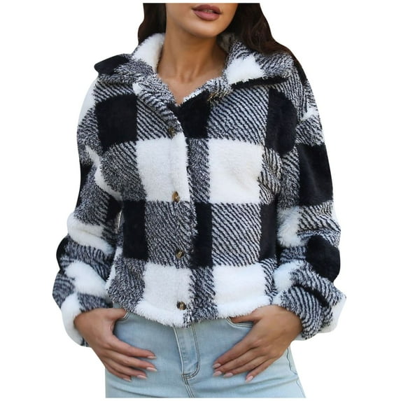 XFLWAM Women's Fuzzy Fleece Plaid Jacket Cropped Coats Button Down Lapel Sherpa Shacket Outwear with Pockets Black L