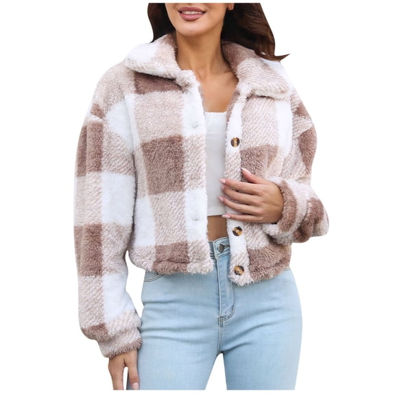 XFLWAM Women's Fuzzy Fleece Plaid Jacket Cropped Coats Button Down Lapel Sherpa Shacket Outwear with Pockets Khaki M