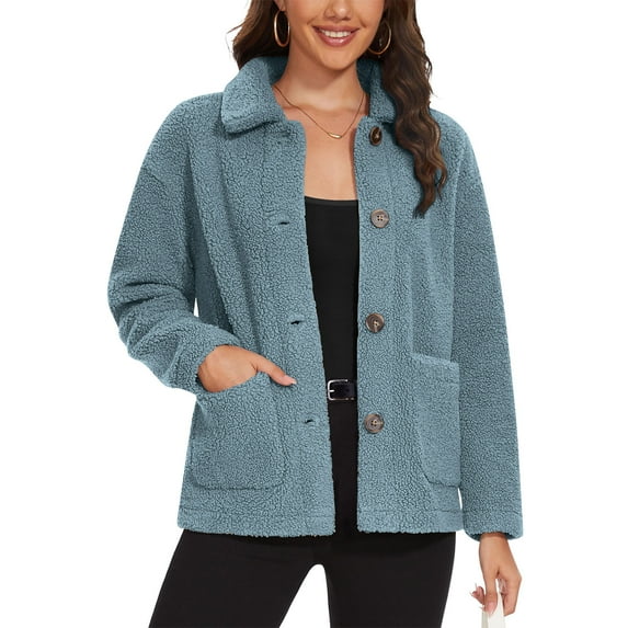 XFLWAM Women's Fuzzy Fleece Sherpa Jacket Long Sleeve Button Down Jackets Winter Warm Coat Outwear with Pockets