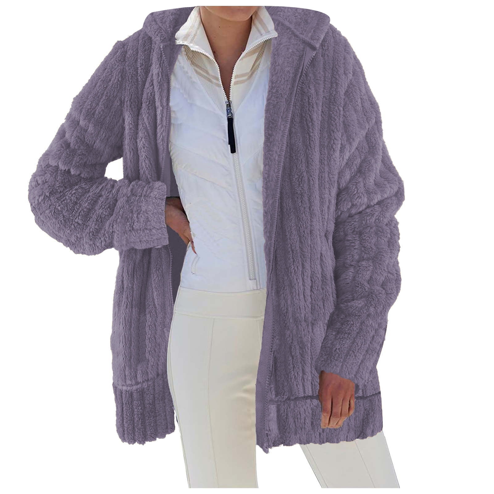 XFLWAM Women's Fuzzy Jackets Casual Warm Plush Solid Color Zipper