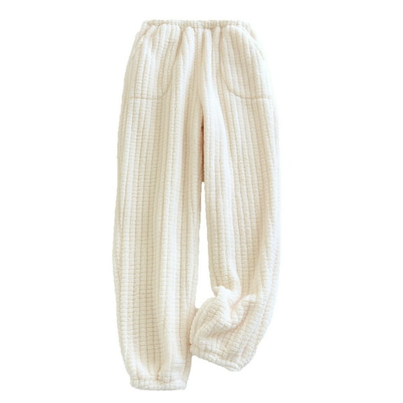 XFLWAM Women's Fuzzy Pajama Pants Soft Warm Fleece Cinch Bottom Pj Pants Loose Fit Comfy Sleepwear with Pockets Beige M