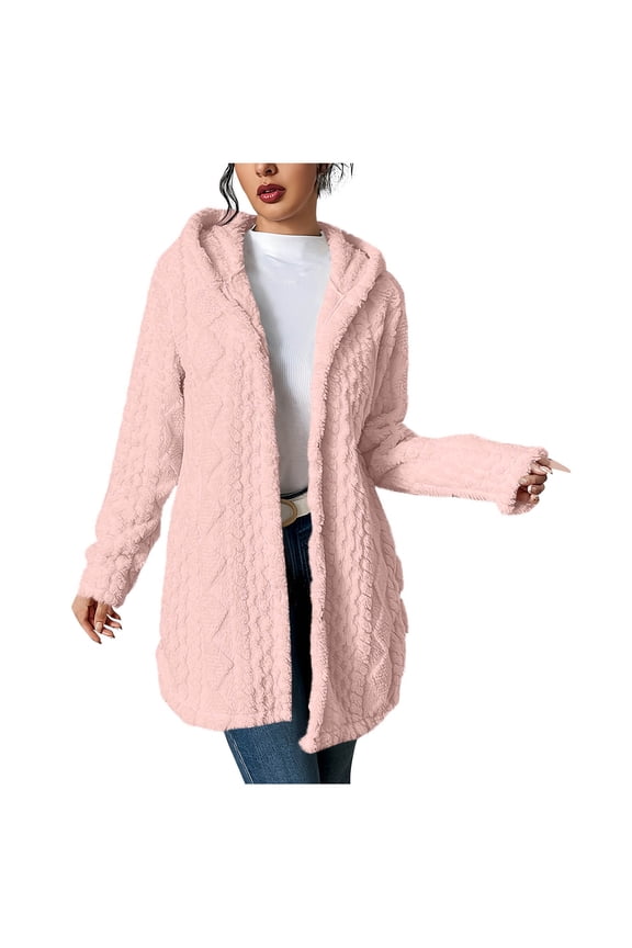 Women's Fuzzy Sherpa Fleece Hoodie Jacket Button Down Warm Winter Coats Side Split Open Front Cardigan with Pockets