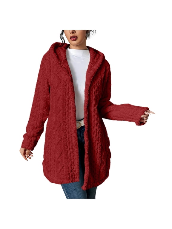 Women's Fuzzy Sherpa Fleece Hoodie Jacket Button Down Warm Winter Coats Side Split Open Front Cardigan with Pockets