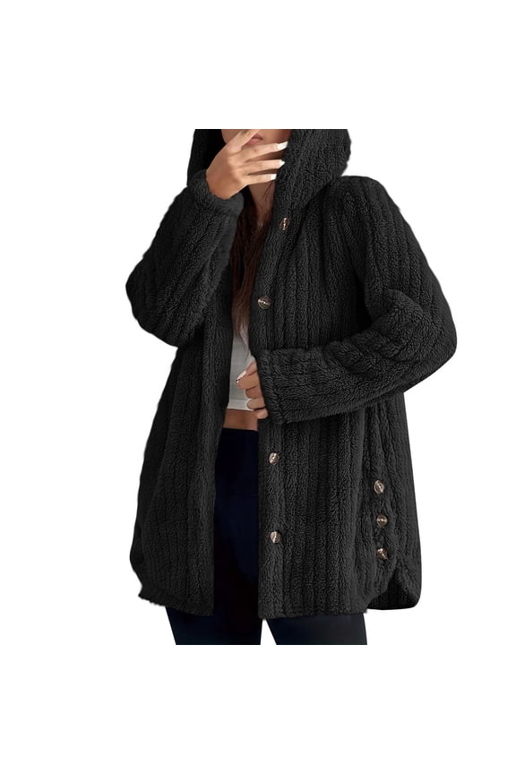 Women's Fuzzy Sherpa Fleece Jacket Coat Button Down Open Front Cardigan Jacket with Hood Y2K Side Split Warm Winter Coats Black L
