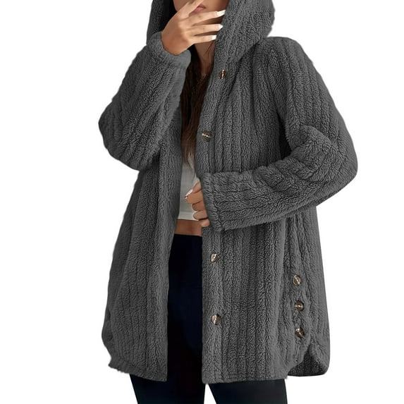 XFLWAM Women's Fuzzy Sherpa Fleece Jacket Coat Button Down Open Front Cardigan Jacket with Hood Y2K Side Split Warm Winter Coats Dark Gray M