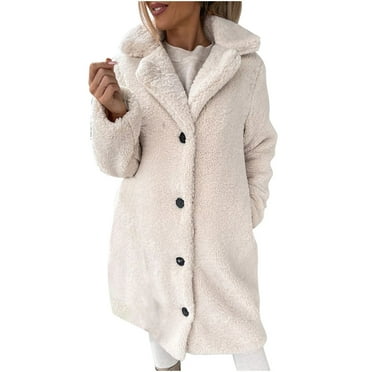 XFLWAM Women's Fuzzy Sherpa Fleece Lapel Open Front Long Cardigan Coat Solid Color Button Faux Fur Warm Winter Outwear Jackets Beige 3XL