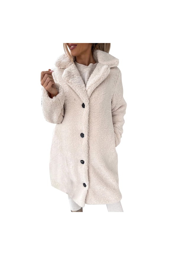 Women's Fuzzy Sherpa Fleece Lapel Open Front Long Cardigan Coat Solid Color Button Faux Fur Warm Winter Outwear Jackets Beige XXL
