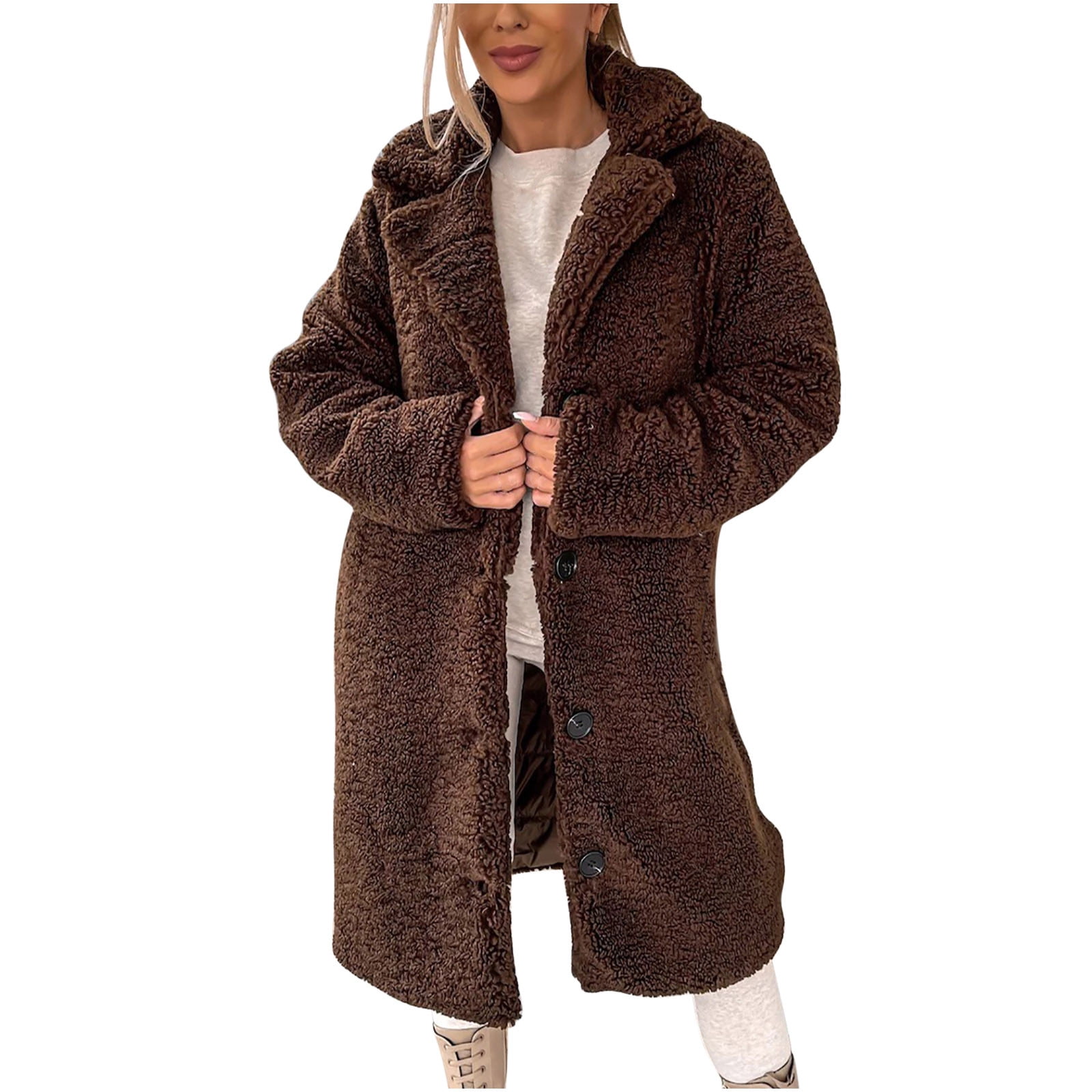 XFLWAM Womens Winter Fuzzy Fleece Open Front Long Cardigan Jackets Lapel  Solid Color Sherpa Coat Outwear Wine Red XL 