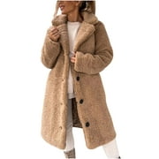 XFLWAM Women's Fuzzy Sherpa Fleece Lapel Open Front Long Cardigan Coat Solid Color Button Faux Fur Warm Winter Outwear Jackets Khaki M