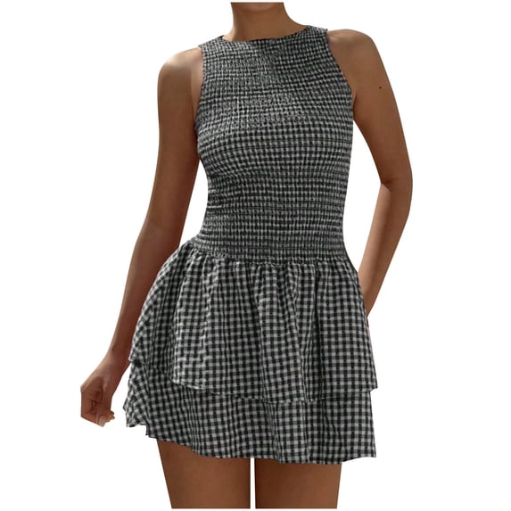 XFLWAM Women's Gingham Mini Dress Cute Tiered Ruffle Hem Smocked Plaid A Line Vacation Short Tank Dresses