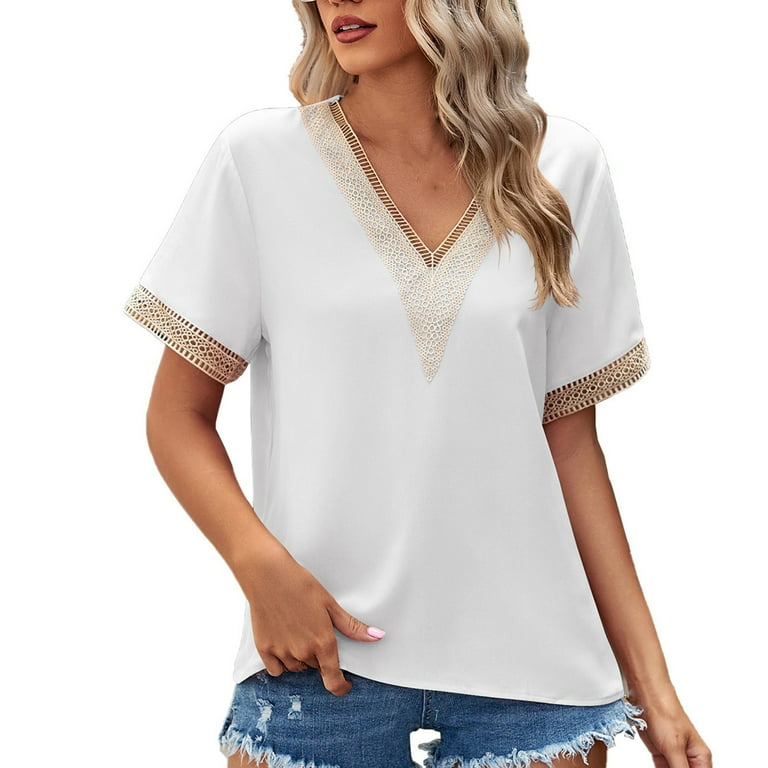 XFLWAM Women s Guipure Lace Deep V Neck Short Sleeve Shirt Colorblock Blouse Casual Top White S