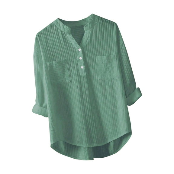 XFLWAM Women's Half Button Shirts V Neck Blouse Long 3/4 Roll Up Sleeve Shirt with Pocket Casual Oversized Tops Green M