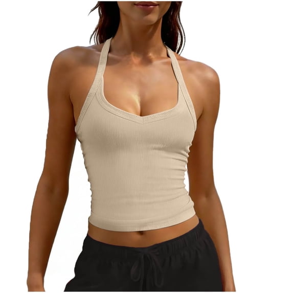 XFLWAM Women's Halter Crop Tank Tops V Neck Backless Ribbed Fitted Sleeveless Cami Shirts Summer Workout Gym Clothes