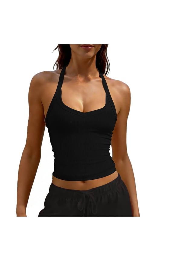 Women's Halter Crop Tank Tops V Neck Backless Ribbed Fitted Sleeveless Cami Shirts Summer Workout Gym Clothes
