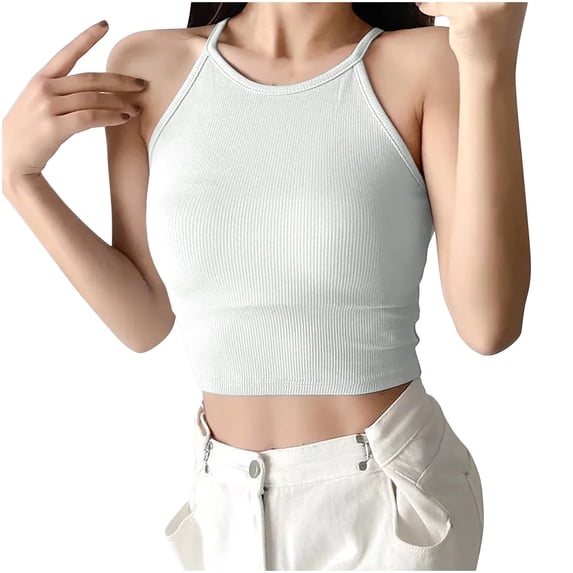 XFLWAM Women's Halter Cropped Tank Tops Spaghetti Strap Rib-Knit Camisole Summer Basic Crop Cami Top