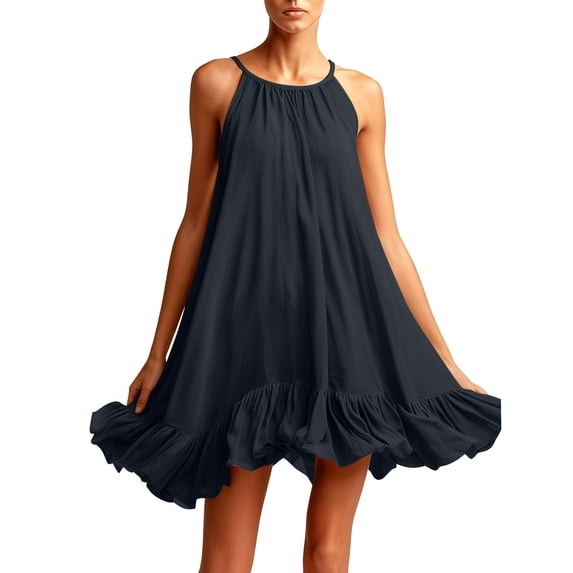 XFLWAM Women's Halter Neck Mini Dress Sleeveless Ruffle Hem Flowy Swing Dress Casual Loose Solid Color Summer Sundress