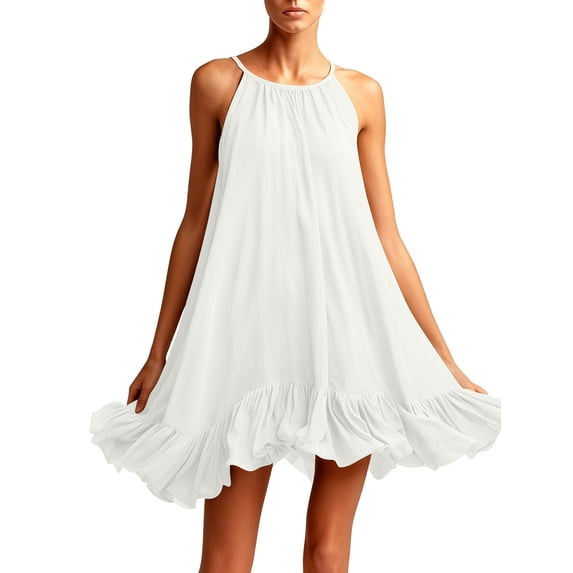 XFLWAM Women's Halter Neck Mini Dress Sleeveless Ruffle Hem Flowy Swing Dress Casual Loose Solid Color Summer Sundress