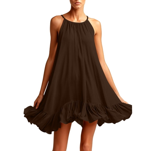 XFLWAM Women's Halter Neck Mini Dress Sleeveless Ruffle Hem Flowy Swing Dress Casual Loose Solid Color Summer Sundress