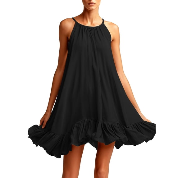 XFLWAM Women's Halter Neck Mini Dress Sleeveless Ruffle Hem Flowy Swing Dress Casual Loose Solid Color Summer Sundress