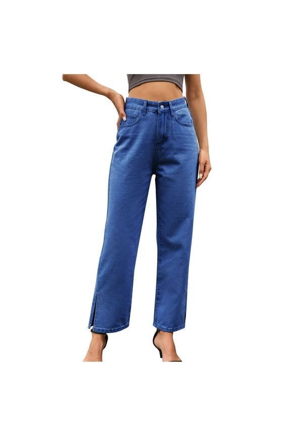 Women's High Rise Zip Up Jeans Casual Split Hem Straight Leg Washed Denim Pants Dark Blue S