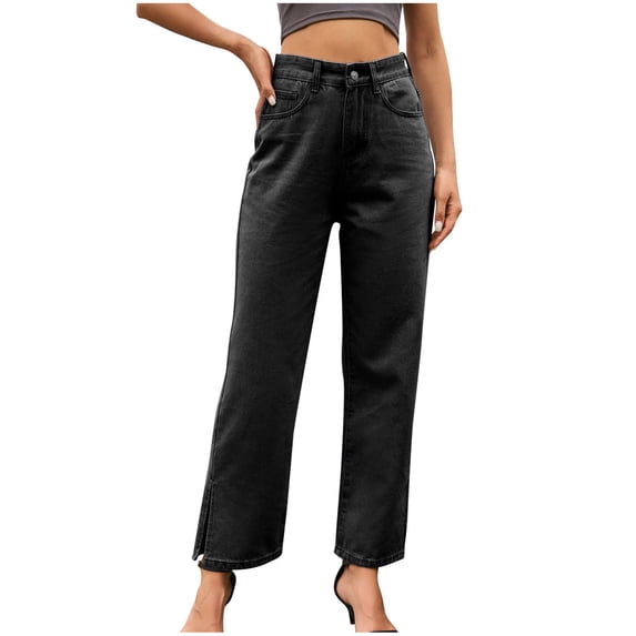 XFLWAM Women's High Rise Zip Up Jeans Casual Split Hem Straight Leg Washed Denim Pants Gray XXL