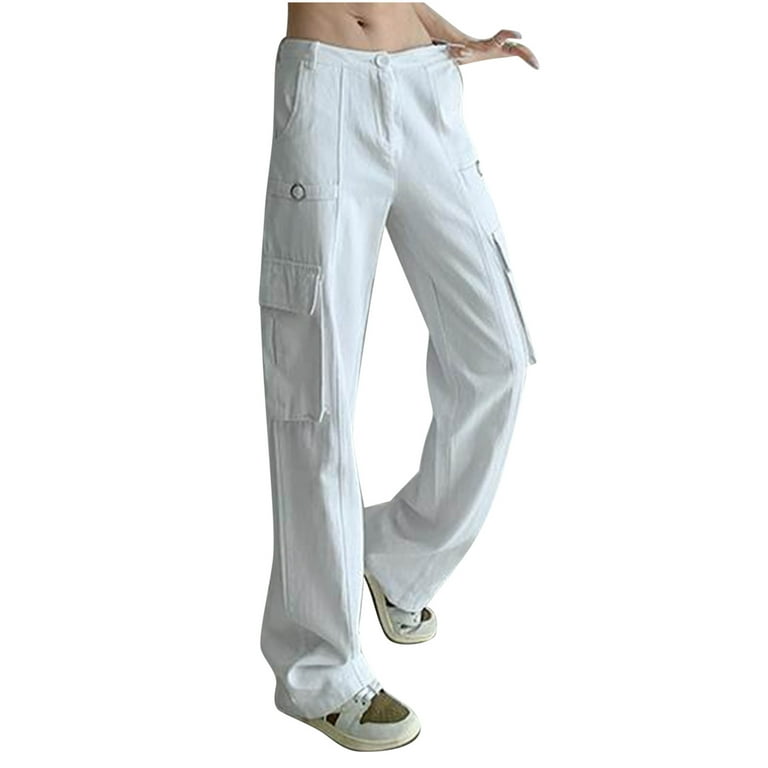 XFLWAM Women's High Waist Cargo Jeans Flap Pocket Baggy Cargo Pants Y2K  Wide Leg Denim Jeans Straight Casual Loose Streetwear Pants White XL 