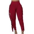 thumbnail image 1 of XFLWAM Women's High Waist Fringe Pants Bodycon Camo Sweatpants Casual Side Tassel Long Pencil Bottoms Wine Red XXL, 1 of 9