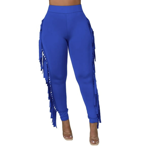 XFLWAM Women's High Waist Fringe Pants Bodycon Sweatpants Bodycon Casual Side Tassel Long Pencil Bottoms Solid Color Knitted Tassel Pants Blue XXL