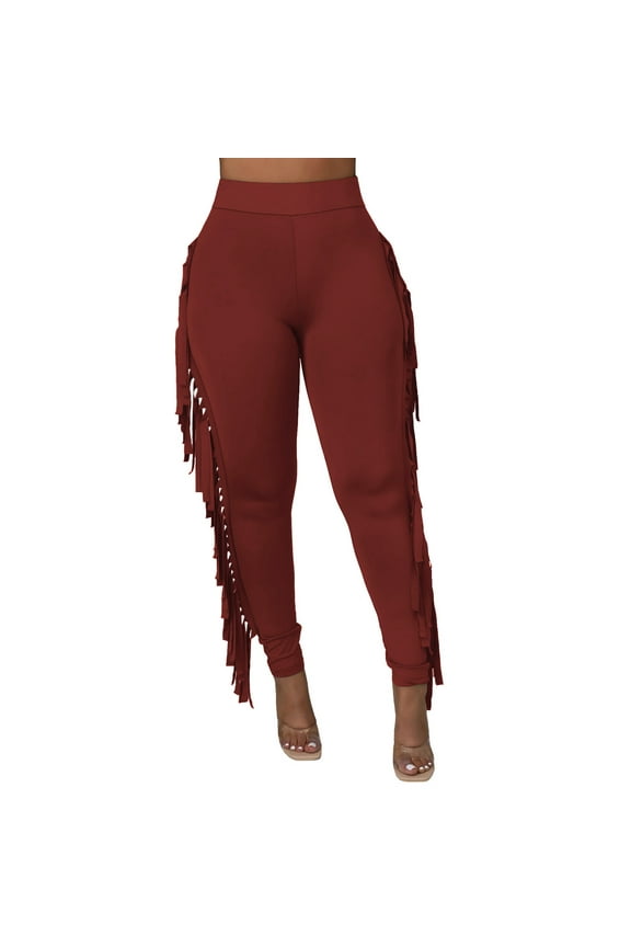 Women's High Waist Fringe Pants Bodycon Sweatpants Bodycon Casual Side Tassel Long Pencil Bottoms Solid Color Knitted Tassel Pants Wine XL